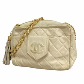 Chanel Shoulder Bag with Matelasse Chain Bag, Lambskin, White, Women's