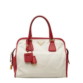 Prada Triangle Logo Plate Handbag BN2578 White/Red Saffiano Leather Women's PRADA