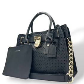 Michael Kors Hamilton Tote Bag, Handbag with Chain Shoulder Strap, Black Gold Hardware, Women's,