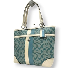 Coach Heritage Stripe F14477 Tote/Shoulder Bag in Light Blue and White Leather with Signature