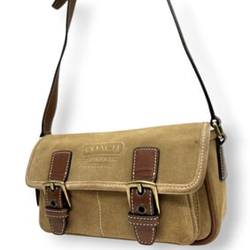 Coach 9358 Suede Leather Shoulder Bag/Pochette in Beige, Camel, and Brown with Double Buckle,