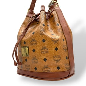 MCM Vintage Visetos Drawstring Shoulder Bag/Bucket Bag in Brown with Gold Hardware, Women's, D6