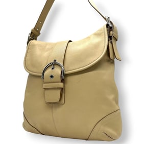 Coach Soho Leather 9481 Shoulder/Crossbody Bag in Beige Camel with La Buckle Flap and Silver