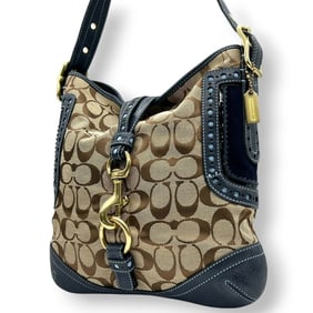 Coach Signature One-Shoulder Bag, Handbag, Canvas, Leather, Suede, Navy, Brown, Gold Hardware,