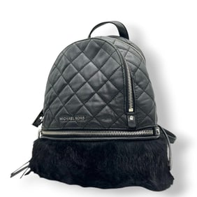 MICHAEL KORS Rhea Backpack, Quilted Leather and Fur, Black with Silver Hardware Chain, Women's T