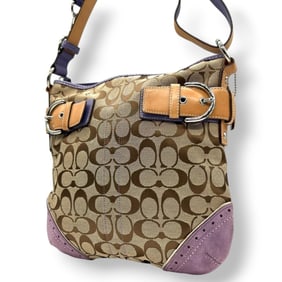Coach Signature 1487 Shoulder Bag/Handbag in Canvas, Suede, and Leather with Beige, Purple, Lavender