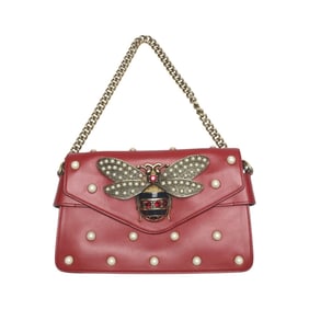 Gucci Broadway Pearl Bee Leather Handbag/Shoulder Bag, 2-Way Red, 453778