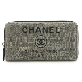 CHANEL Deauville Line Round Long Wallet in Tweed, Canvas, Leather, Gray, and Black (A81977)
