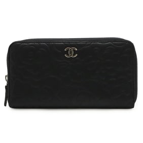 CHANEL Camellia Coco Mark Zip Wallet, Round Long Lambskin Leather, Black, A50085