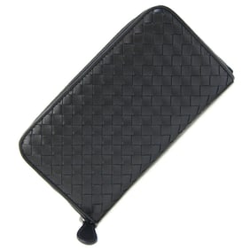 Bottega Veneta Intrecciato Round Long Wallet 114076 Black Leather Zip Men's BOTTEGA VENETA