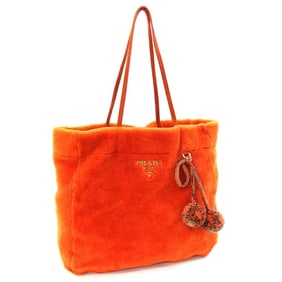 Prada Tote Bag 1BG130 Orange Mouton Suede with Pom-Pom Design, Women's