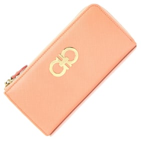 Salvatore Ferragamo L-shaped Double Gancini Wallet 22 B950 Salmon Pink Leather Long for Women