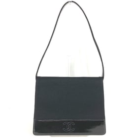 CHANEL Vintage CC Coco Mark Logo Flap Shoulder Bag in Cotton and Patent Leather, Black