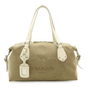 PRADA Prada Jacquard Tote Bag Shoulder Canvas Leather Beige Ivory White BR3461