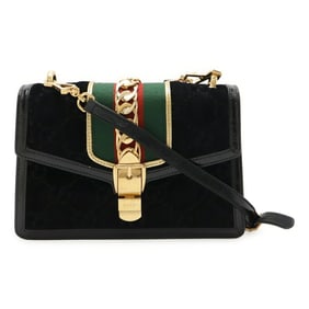 GUCCI Sylvie Sherry Line Ribbon Shoulder Bag/Clutch in Velvet and Enamel, Black, 524405