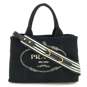 PRADA CANAPA Tote Bag, Shoulder Striped Canvas, Nero, Black, 1BG439