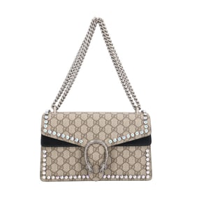 Pre-owned Gucci Rhinestone Dionysus GG Supreme Shoulder Bag in Beige Canvas (400249) for Women.