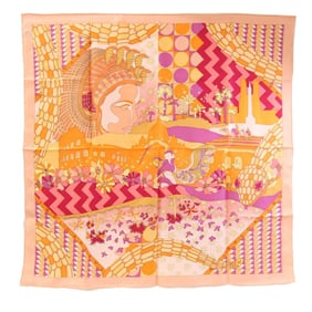 BVLGARI Scarf, Pink Beige/Orange, 100% Silk, Large Stole, Women's