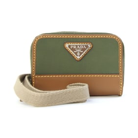Prada Coin Case 2MR039 Khaki Brown Nylon Leather with Neck Strap, Mini Wallet, Round Compact Wallet