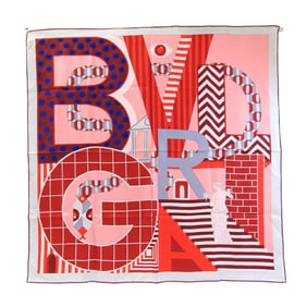 BVLGARI Scarf, Gray/Red, 100% Silk, Large Stole, Women's