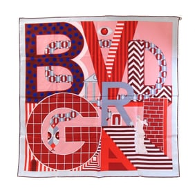 BVLGARI Scarf, Gray/Red, 100% Silk, Large Stole, Women's