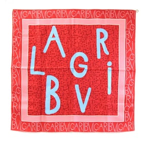 BVLGARI Scarf, Red and Light Blue, 100% Silk, Large Stole, Women's