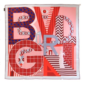 BVLGARI Scarf, Gray/Red, 100% Silk, Large Stole, Women's