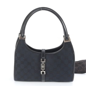 Gucci GG Canvas Jackie 002 1068 Leather Handbag Tote Black with Silver Hardware for Women