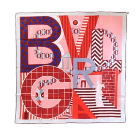 BVLGARI Scarf, Gray/Red, 100% Silk, Large Stole, Women's