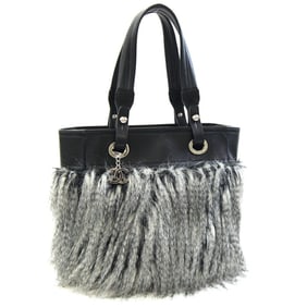 Chanel Paris-Biarritz Tote MM Black Leather Coated Canvas Faux Fur Shoulder Bag with Coco Mark,