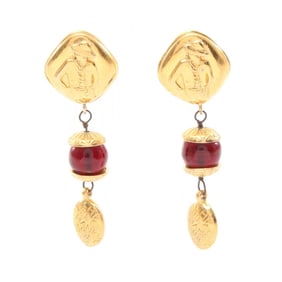 CHANEL Mademoiselle Earrings, Gold Plated, Glass, Women's, and Red