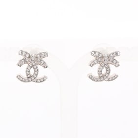CHANEL Coco Mark Ribbon Earrings, Stainless Steel with Rhinestones, Women's, Silver and Clear