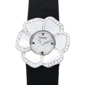 CHANEL Camellia Watch, 18K White Gold, Leather, Diamond, Women's, Silver, H1190