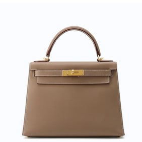 Hermes Hermès Kelly 28 Handbag, Externally Stitched, Etoupe/Epson, B Stamp, 2-Way Shoulder Bag