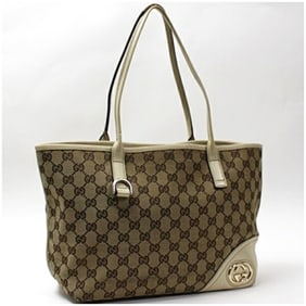 Gucci New Brit GG Canvas Tote Bag Shoulder Interlocking G and Leather Ivory Brown 169946 GUCCI