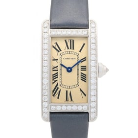 Cartier Tank Américaine SM Watch with Diamond Bezel, 18K White Gold (WB707331), Leather Strap,