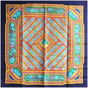 Hermes Hermès Silk Scarf/Muffler, Carré 90, Unworn, QALAMDAN, Navy x Multicolor, Women's