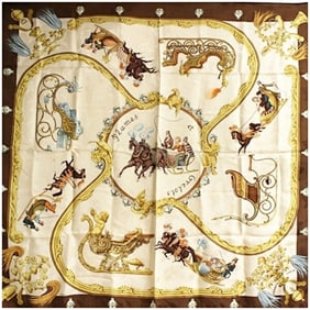 Hermès Silk Scarf/Muffler Carré 90 "Plumes et Grelots" Feather and Bell Design Brown HERMES