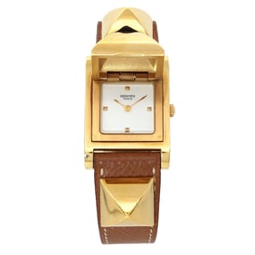 Hermès Medor Women's Pyramid Gold Stud Watch in White and Brown Leather with Quartz Movement
