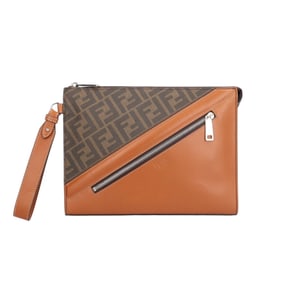 Pre-owned Fendi Diagonal Flat Slim Clutch Bag in Zucca Leather (7VA491) Brown, Men's