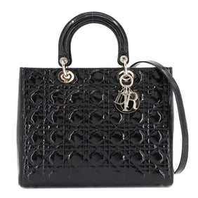 Christian Dior Cannage Lady Large 2-Way Hand/Shoulder Bag in Black Enamel