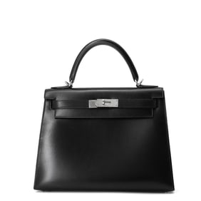 Hermes Hermès Kelly 28 Handbag, Black Box Calf Leather, with G Stamp, 2-Way Shoulder Bag,