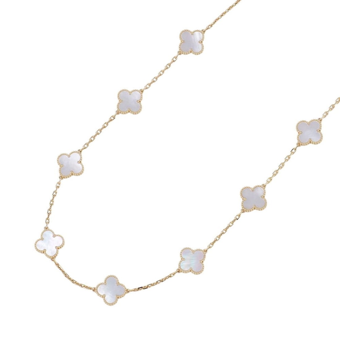 Van Cleef & Arpels Alhambra Necklace, 10 motifs, mother-of-pearl, 18K yellow gold, VCARA42800: --- Catalog ---Category: SizePendant Size: 14.9mm / 0.58''Neck Circumference: 42 cm / 16.53''Category: DesignColor: GoldGender: WomenMaterial: Yellow gold (18K)Necklace Type: NecklaceCategory: General