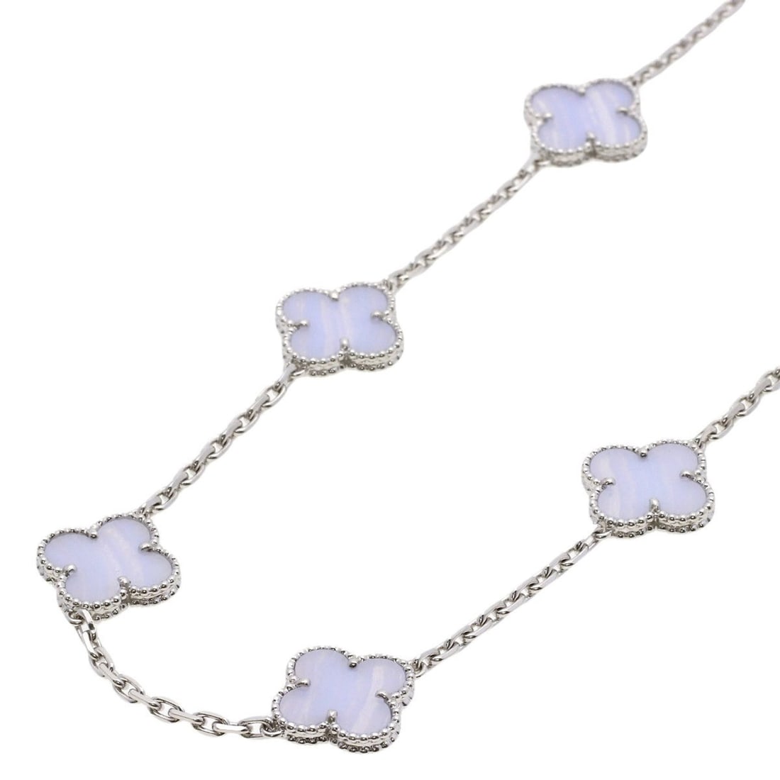 Van Cleef & Arpels Vintage Alhambra 10-Piece Chalcedony Necklace in 18K White Gold for Women.: --- Catalog ---Category: SizePendant Size: 14.7mm x 18.2mm / 0.57'' x 0.71''Neck Circumference: 42 cm / 16.53''Category: DesignStone: ChalcedonyGender: WomenMaterial: White gold (18K)Necklace Type: Ne