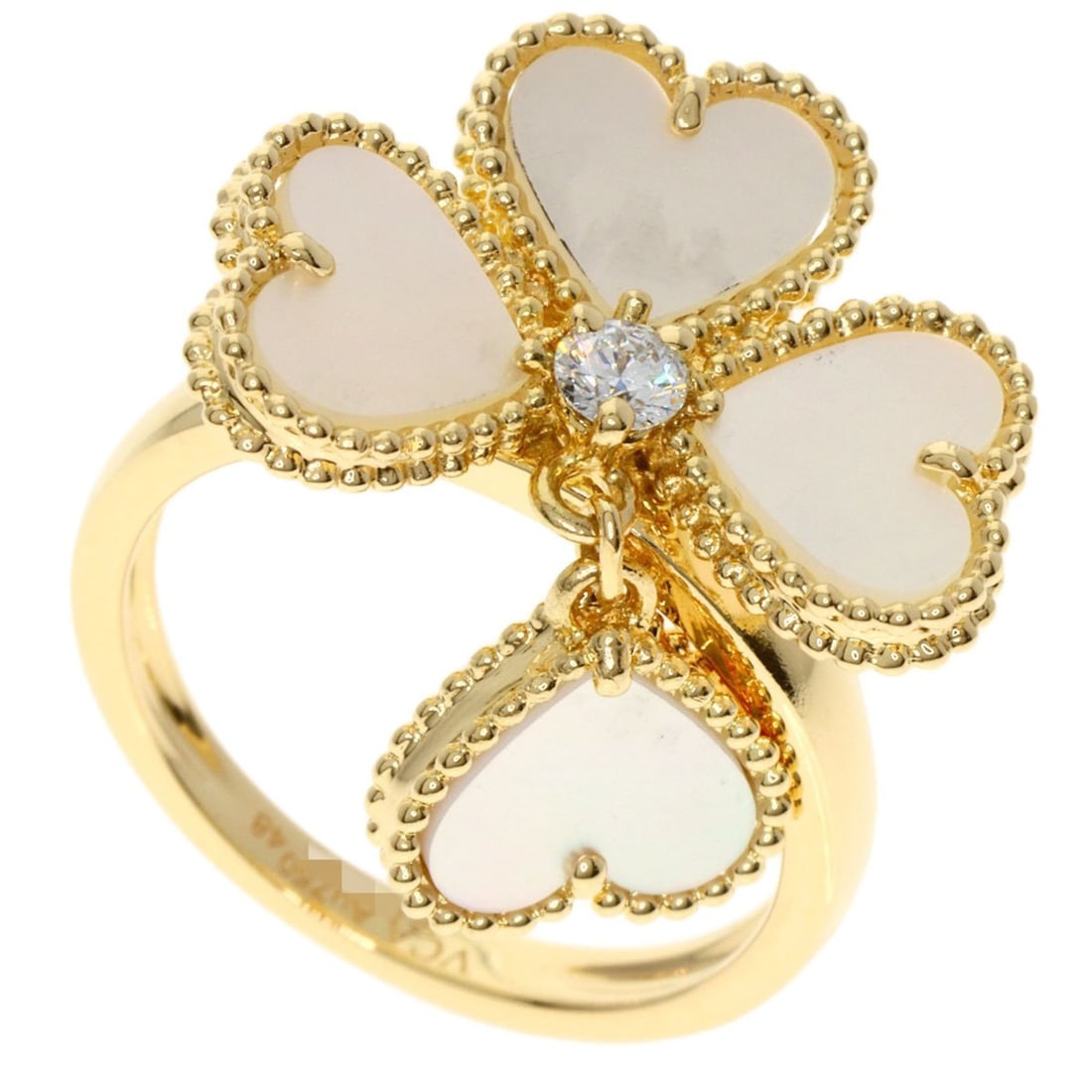 Van Cleef & Arpels Sweetheart F-Yage Shell Diamond Ring #48 in 18K Yellow Gold for Women.: --- Catalog ---Category: SizeJP Size: 7.5US Size: 4Category: DesignType: Band ringStone: Diamond, ShellGender: WomenMaterial: Yellow gold (18K)Category: GeneralBrand: Van Cleef & Arpels--- Item List -