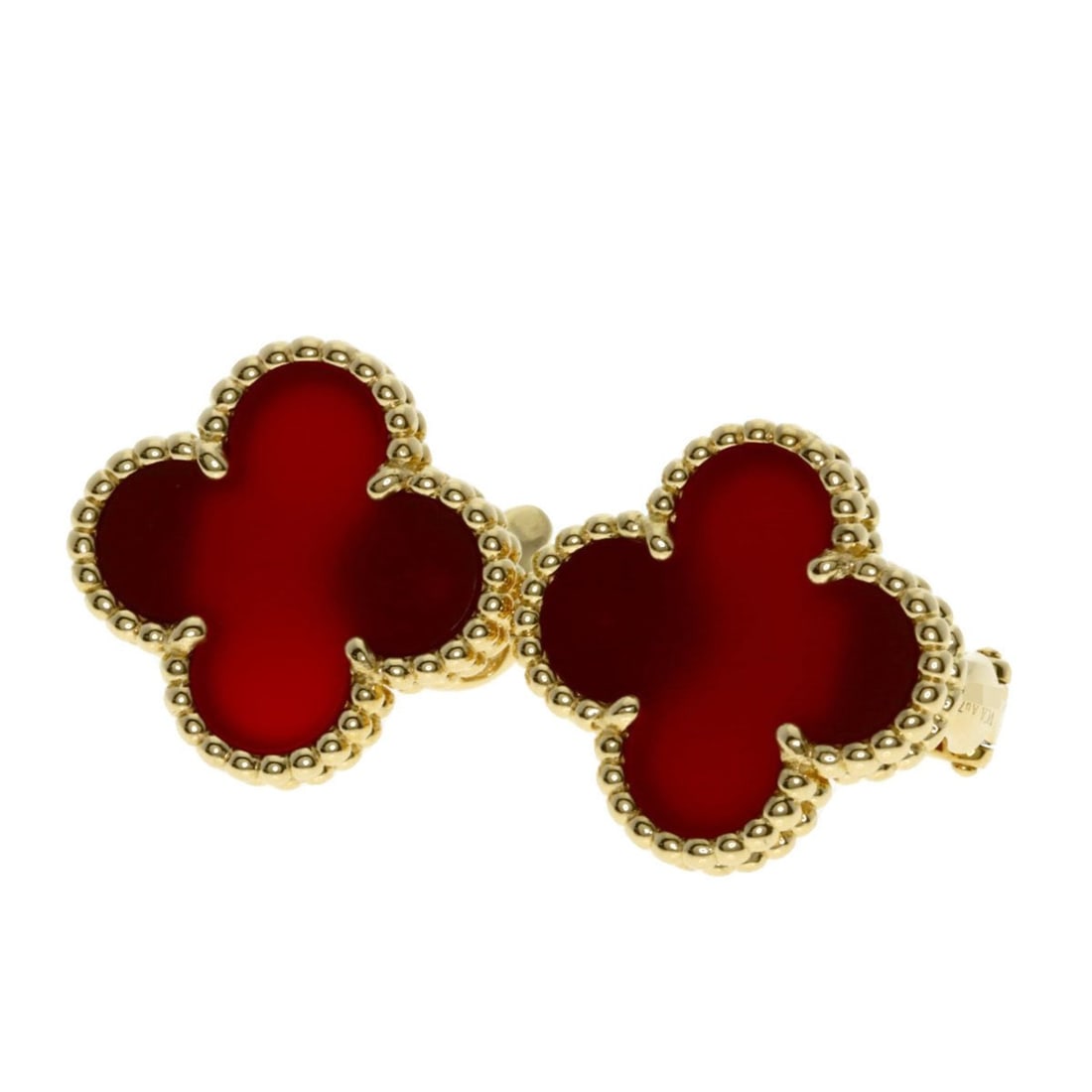 Van Cleef & Arpels Vintage Alhambra Carnelian Earrings in 18K Yellow Gold for Women: --- Catalog ---Category: SizeSize (HxWxD): 14.90mm x 14.60mm / 0.59'' x 0.57''Category: DesignType: Stud earringsStone: CarnelianGender: WomenMaterial: Yellow gold (18K)Category: GeneralBrand: Van Cle