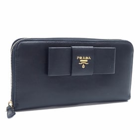 Prada Women's Round Long Wallet, Black Leather, 1M0506, with Leather Ribbon