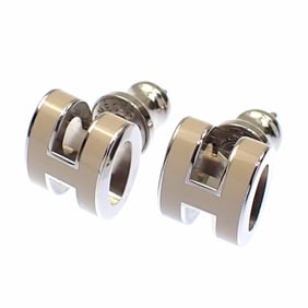 Hermes Hermès Mini Pop H Earrings for Women, Lacquered Metal, Marron Glace, Silver, Ash