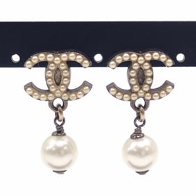 Chanel Faux Pearl Coco Mark Earrings for Women, Metal, 04A
