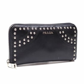 Prada Men's Round Long Wallet in Nero Saffiano Leather with Studs (1M0506)